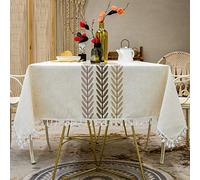 INKAROBOX Nappe de Ferme rectangulaire en Coton et Lin Lavable et antisalissure avec Pompons pour Cuisine, Salle à Manger, Pique-Nique, extérieur, Jardin (Feuilles de Café, 140 x 180 cm)