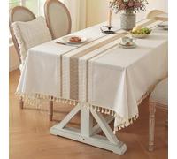 INKAROBOX Nappe de Ferme rectangulaire en Coton et Lin Lavable et antisalissure avec Pompons pour Cuisine, Salle à Manger, Pique-Nique, extérieur, Jardin (Marron, 140 x 220 cm (Rectangulaire))