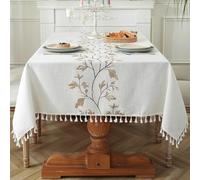 INKAROBOX Nappe de Ferme rectangulaire en Coton et Lin Lavable et antisalissure avec Pompons pour Cuisine, Salle à Manger, Pique-Nique, extérieur, Jardin (Feuilles Kaki, 140 x 220 cm)