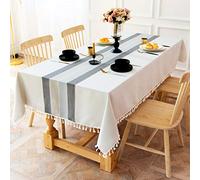 INKAROBOX Nappe Exterieur Rectangulaire Anti Tache Nappe Lavable Tissu Nappe Table a Manger Nappe Cuisine Nappe Picnic Nappe Design Pompon Décoration De Table (Bande Grise, 140 x 260 cm)