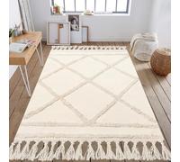 INKAROBOX Tapis de Couloir Style bohème Beige touffeté en Coton avec Pompons tissés Lavable - pour Salle de Bain, Cuisine, Salon, Chambre à Coucher, Couloir (Beige, 120 x 180 cm (Rectangulaire))