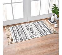 INKAROBOX Tapis en Coton tissé avec Pompons - pour Cuisine, Salon, Chambre à Coucher, buanderie, entrée Losange Blanc 60 x 130 cm