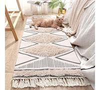 INKAROBOX Tapis en coton touffeté lavable avec pompons - Motif géométrique - Tapis de zone bohème - Pour buanderie/chambre à coucher (beige, 60 x 180 cm)
