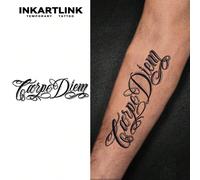 INKARTLINK Carpe Diem Police artistique Tatouage temporaire, Conception de calligraphie de niche, Imperméable Longue durée 1-2 semaines, Faux tatouage réaliste, Apparence de vrai tatouage LettresPapet