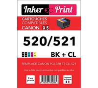 INKER PRINT P-C520 - Pack de 5 Cartouches d’Encre (2 x Noir + 3 x Couleur), compatibles avec Canon 520/521 BK + CL, remplacent Canon PGI-520 et CLI-521
