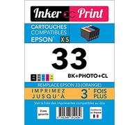 INKER PRINT P-E33XL - Pack de 5 Cartouches d’Encre XL (1 x Noir + 1 x Gris + 3 x Couleur), compatibles avec EPSON 33 BK + Photo + CL