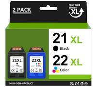 Inkwood 21 22 Cartouche Remanufacturé d'encre Noir Couleur pour HP 21 XL 22 XL pour Imprimantes HP Deskjet 3910 3920 3930 PSC 1401 1402 1403 1406 OfficeJet 4315 5600 5610 FAX 1250 3180 PSC 1401