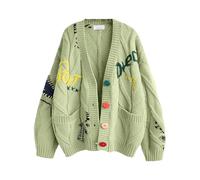 INLANDSIS Cardigan mignon en tricot torsadé ouvert sur le devant, manches longues kawaii, boutonné, brodé, col en V, vêtements d'extérieur arc-en-ciel, vert gazon, Taille unique