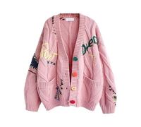 INLANDSIS Cardigan mignon en tricot torsadé ouvert sur le devant, manches longues kawaii, boutonné, brodé, col en V, vêtements d'extérieur arc-en-ciel, rose, Taille unique