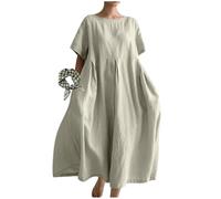 INLANDSIS Einfarbiges, lässiges Damenkleid mit lockerer Passform und Rundhalsausschnitt und Taschen, casiers, lässiges A-Linien-Kleid aus Baumwolle und Leinen in Übergröße für Damen, gris, M