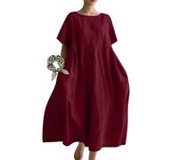 INLANDSIS Einfarbiges, lässiges Damenkleid mit lockerer Passform und Rundhalsausschnitt und Taschen, casiers, lässiges A-Linien-Kleid aus Baumwolle und Leinen in Übergröße für Damen, Bordeaux, M