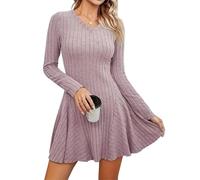 INLANDSIS Robe trapèze côtelée mini robe à col rond en V, manches longues, robe chandail trapèze décontractée en tricot extensible avec silhouette flatteuse, Couleur racine de lotus, XXL