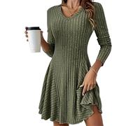 INLANDSIS Robe trapèze côtelée mini robe à col rond en V, manches longues, robe chandail trapèze décontractée en tricot extensible avec silhouette flatteuse, Vert, XXL