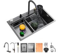 Inless Évier de cuisine en acier avec robinet cascade, planche à découper, panier d'égouttement et accessoires Noir/gris 80 x 45 cm