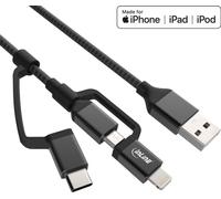 InLine® 31415S Câble USB 3 en 1, Micro-USB, Lightning, USB Typ-C, noir/alu, 1,5m
