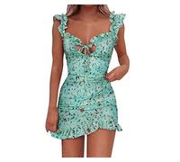 INLLADDY Robe de plage courte d'été pour femme - Motif floral - Coupe moulante - Décontractée - Taille 34-40, Vert A, 36