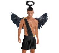 inlzdz Costume Ange Homme Halloween Carnaval Toge Dieu Mythologie Grecque Noirs Ailes en Plumes Halos Noir XXL