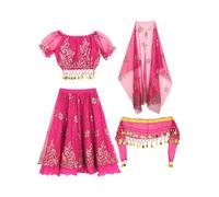 inlzdz Costume D Halloween Pour Filles Enfants Haut Court À Manches Bouffantes Danse Du Ventre Avec Jupe Chaîne De Taille Foulard Et Ensemble De Coiffe Rose vif 11-12 ans
