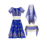 inlzdz Costume D Halloween Pour Filles Enfants Haut Court À Manches Bouffantes Danse Du Ventre Avec Jupe Chaîne De Taille Foulard Et Ensemble De Coiffe Bleu 5-8 ans