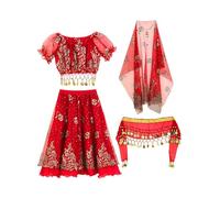 inlzdz Costume D Halloween Pour Filles Enfants Haut Court À Manches Bouffantes Danse Du Ventre Avec Jupe Chaîne De Taille Foulard Et Ensemble De Coiffe Rouge 5-8 ans