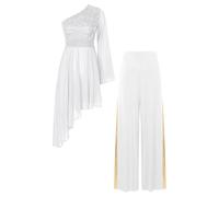 inlzdz Costume Danse Liturgique Église pour Femme Asymétrique Robe Danse Moderne Tango avec Pantalon Tenue de Louange Culte Choir Gown S-XXL Blanc M