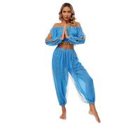 inlzdz Costume Danse Orientale Femme Paillettes Ensemble Danse du Ventre Pantalon et Haut de Belly Danse Déguisement Danseurs Princesse Indien Arabe Carnaval D 2PCS Bleu Ciel Taille Unique