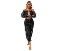 inlzdz Costume Danse Orientale Femme Paillettes Ensemble Danse du Ventre Pantalon et Haut de Belly Danse Déguisement Danseurs Princesse Indien Arabe Carnaval D 2PCS Noir Taille unique