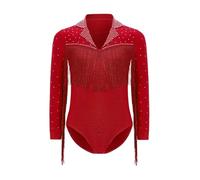 inlzdz Costume De Danse Pour Jungen À Franges Manches Longues Avec Strass Pour Gymnastique Salsa Latin Ballet Combinaison Body Patinage Combinaison De Saut Tenue Rouge 15-16 ans