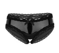 inlzdz Culottes Femme Slip Sexy Cuir Dentelle Slips Fesse Ouvert Lingerie de Nuit Wetlook Cuir Strings Tanga Boxer sous-vêtements de Nuit Taille Basse S-4XL A Noir 3XL
