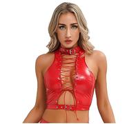 inlzdz Débardeur Cuir Wetlook Sexy Femme Gilet à Lacets Décolleté Bra Corset Bustier Tank Top Pole Danse Bar Nuisette Vest Camisole Ouverte Haut Top Clubwear S-4XL A Rouge M