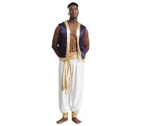 inlzdz Déguisement Costume Prince Arabe Homme Fête Halloween Carnaval Cosplay Sultan Prince Oriental Gilet Ouvert & Pantalon Bouffant Sarouel Bloomer M-3XL A Violet Blanc M