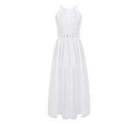 inlzdz Enfant Fille Robe Cérémonie Soirée Paillettes Robe Princesse Dentelle Longue Robe Cocktail sans Manche Combishort Robe Mariage Haut Fendu Robe Demoiselle d'honneur Carnaval Blanc 14 Ans