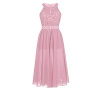 inlzdz Enfant Fille Robe Cérémonie Soirée Paillettes Robe Princesse Dentelle Longue Robe Cocktail sans Manche Combishort Robe Mariage Haut Fendu Robe Demoiselle d'honneur Carnaval Rose Clair 16 Ans