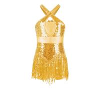 inlzdz Enfant Fille Robe Danse Latine Samba Chacha Salsa à Paillettes Brillantes Robe Danse Moderne Jazz Sequins Bodysuit Soirée à Bretelles Dancewear 6-16 Ans A Or 9-10 Ans