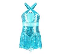 inlzdz Enfant Fille Robe Danse Latine Samba Chacha Salsa à Paillettes Brillantes Robe Danse Moderne Jazz Sequins Bodysuit Soirée à Bretelles Dancewear 6-16 Ans A Bleu Ciel 11-12 Ans