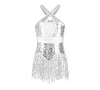 inlzdz Enfant Fille Robe Danse Latine Samba Chacha Salsa à Paillettes Brillantes Robe Danse Moderne Jazz Sequins Bodysuit Soirée à Bretelles Dancewear 6-16 Ans A Argenté 7-8 Ans