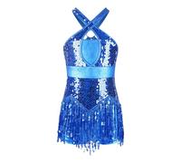 inlzdz Enfant Fille Robe Danse Latine Samba Chacha Salsa à Paillettes Brillantes Robe Danse Moderne Jazz Sequins Bodysuit Soirée à Bretelles Dancewear 6-16 Ans A Bleu 5-6 Ans