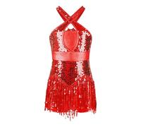 inlzdz Enfant Fille Robe Danse Latine Samba Chacha Salsa à Paillettes Brillantes Robe Danse Moderne Jazz Sequins Bodysuit Soirée à Bretelles Dancewear 6-16 Ans A Rouge 11-12 Ans