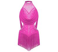 inlzdz Enfants Filles Pailleté Strass Tango Rumba Samba Latine Jazz Robe De Danse Frange Jupe Justaucorps Body Tenue De Danse Rose Vif 15-16 Ans