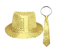 inlzdz Fedora Chapeau Paillettes Enfant Adulte Rétro Chapeau Disco Danse Jazz avec Cravate Casquette Cap Unisexe 54cm et 58cm A Or L
