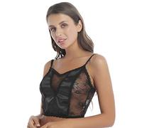 inlzdz Femme Camisole Sexy Transparent Dentelle Florale et Satin Patchwork Débardeur Gilet sans Manche Lingerie Cami Hauts Court Tops Bretelles Clubwear Noir S