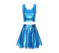 inlzdz Femme Costume Alien Métallique Top Court Pailleté + Minijupe + Bandeau Tenue Rave 2 Pièces Disco Clubwear Déguisement Halloween Bleu B XL