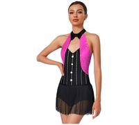inlzdz Femme Glitter Costume De Danse sans Manches Latin Jazz Maillot avec Franges Body Swing Tenue De Danse Soirée À Thème Spectacle Tenue De Bal Rose Vif XXL