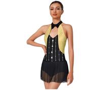 inlzdz Femme Glitter Costume De Danse sans Manches Latin Jazz Maillot avec Franges Body Swing Tenue De Danse Soirée À Thème Spectacle Tenue De Bal Jaune M