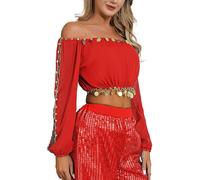 inlzdz Femme Haut Court Danse du Ventre Ethnique Tank Top Danse Orientale à Paillettes Costume Danse Belly Indienne Performance Halloween Veste Soirée Bal Manche Longue A Rouge Taille Unique