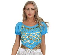 inlzdz Femme Haut Court de Danse du Ventre Latine Tank Top Danse Orientale en Mousseline Paillette Debardeur Belly Danse Costume Indien Arabe Princesse Halloween Cosplay A Bleu Ciel Taille Unique