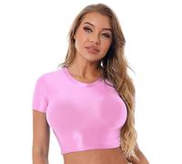 inlzdz Femme Haut Court Huile Brillante Nuisette Sexy Erotique Crop Top Manches Courtes Col Rond Tank Top de Danse Moderne Jazz Débardeur Moulant Ajusté Camisole M-XL Rose M