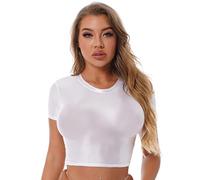 inlzdz Femme Haut Court Huile Brillante Nuisette Sexy Erotique Crop Top Manches Courtes Col Rond Tank Top de Danse Moderne Jazz Débardeur Moulant Ajusté Camisole M-XL Blanc M