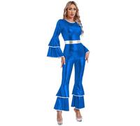 inlzdz Femme Justaucorps Vintage 70s 80s Disco Métallique Brillant Combinaisons à Manches Longues Bodystocking Body-Pantalon Evasé S-3XL A Bleu Royal L