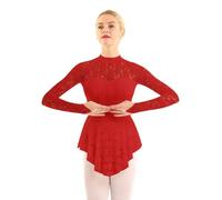 inlzdz Femme Robe Danse Classique en Dentelle Florale Robe Ballet Col Roulé Manche Longues Justaucorps Gymnastique Sport Yoga Body Bodysuit Patinage Concours Rouge B M